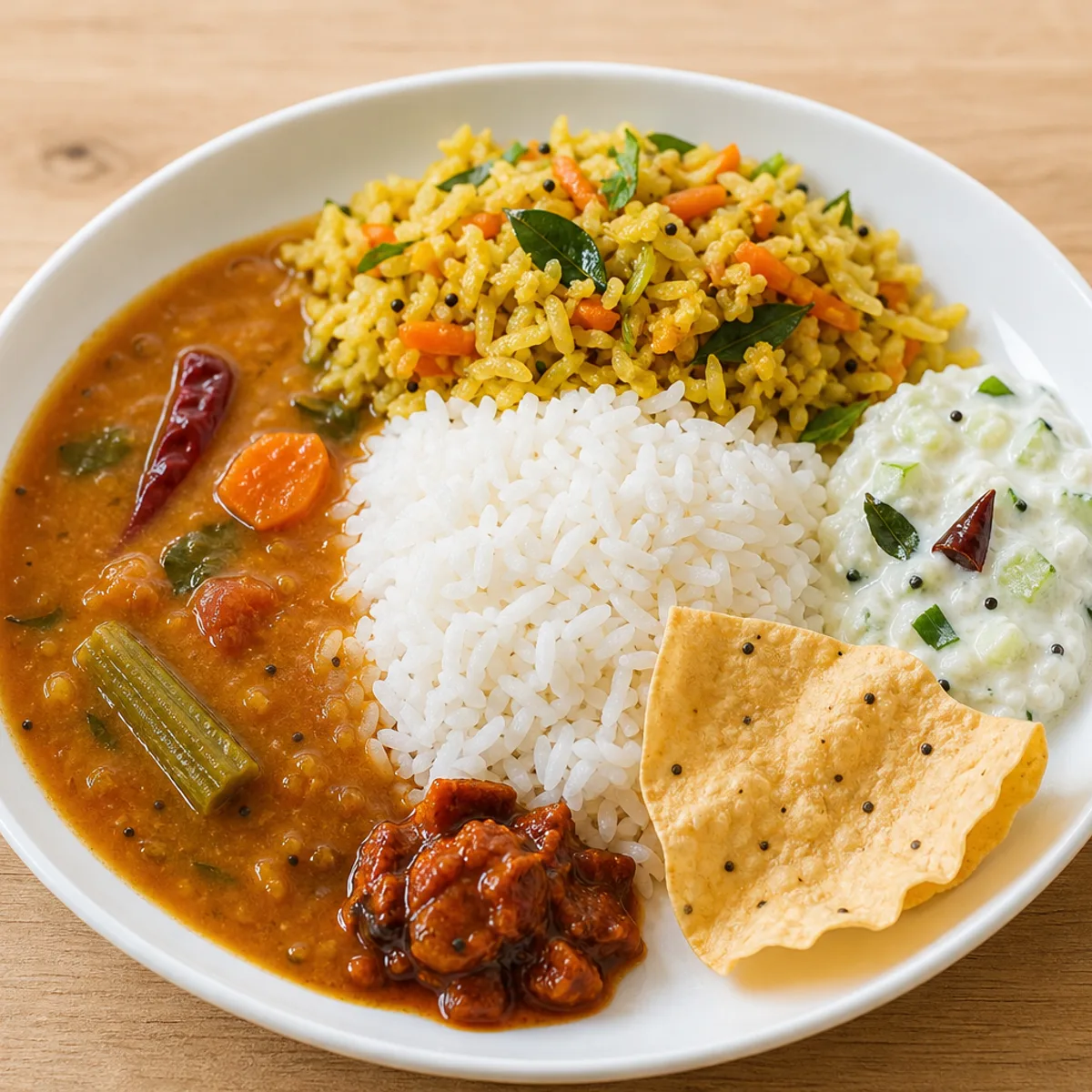 Rice, sambar and vegetable meal